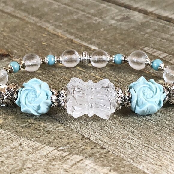 Rock Quartz Double Lotus Bracelet, Shell Powder Blue Flowers - Picture 2 of 7